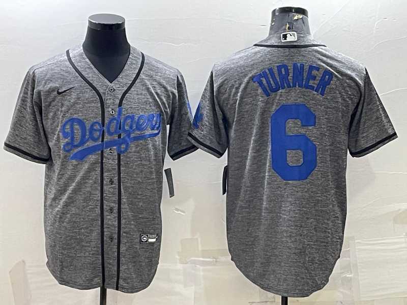 Men's Los Angeles Dodgers #6 Trea Turner Grey Gridiron Cool Base Stitched Baseball Jersey